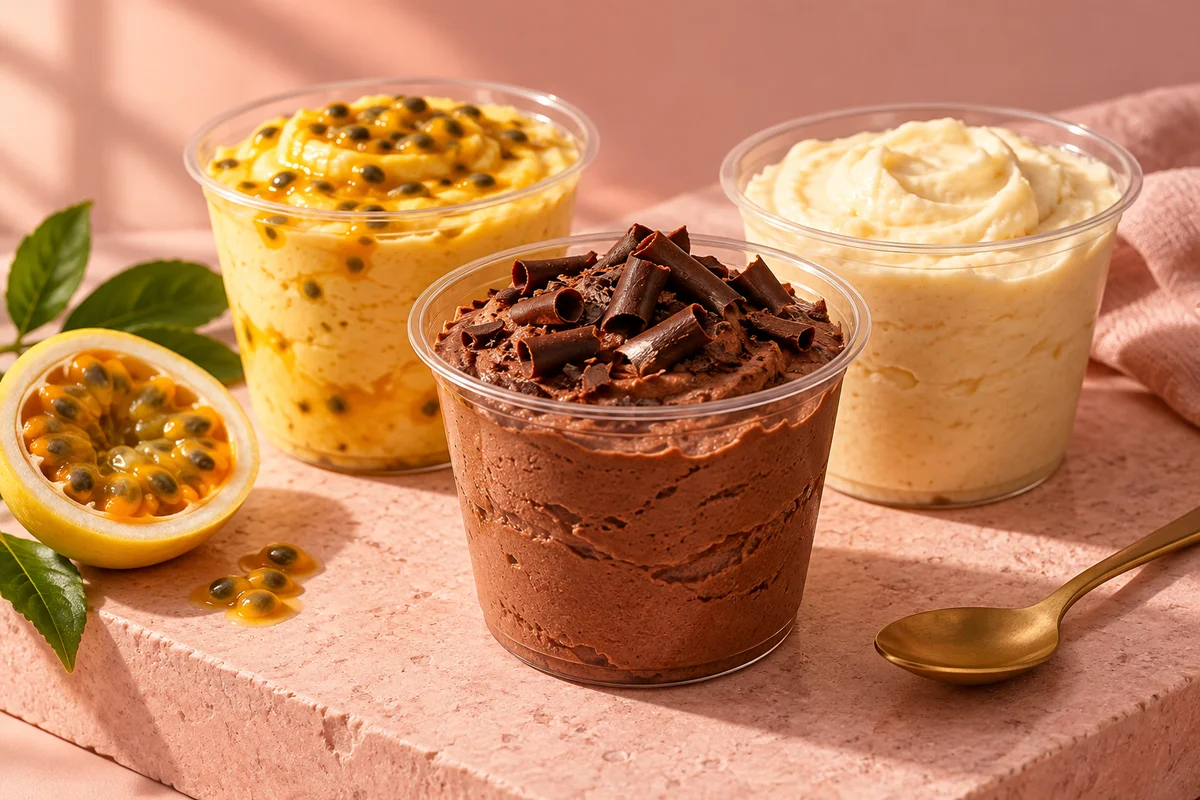 Composição ilustrativa de mousses de chocolate, maracujá e cupuaçu